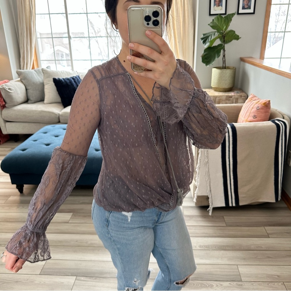 Sheer Plum Dotted Lace-Sleeve Women's Top